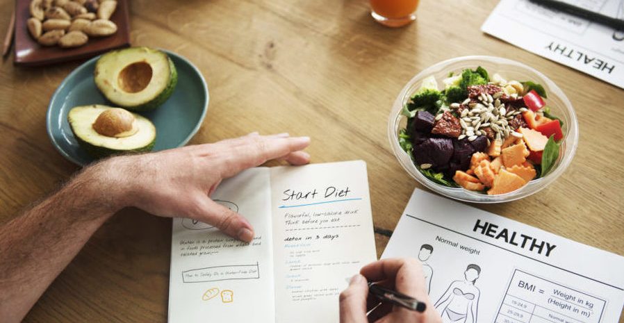 Person at a table eating a healthy meal and planning out their food diet.