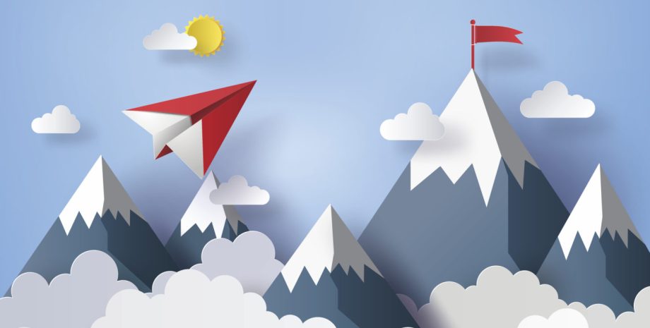 Paper plane flying on sky with cloud and mountain