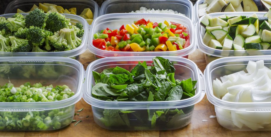Chopped vegetables for cooking or storage in plastic containers