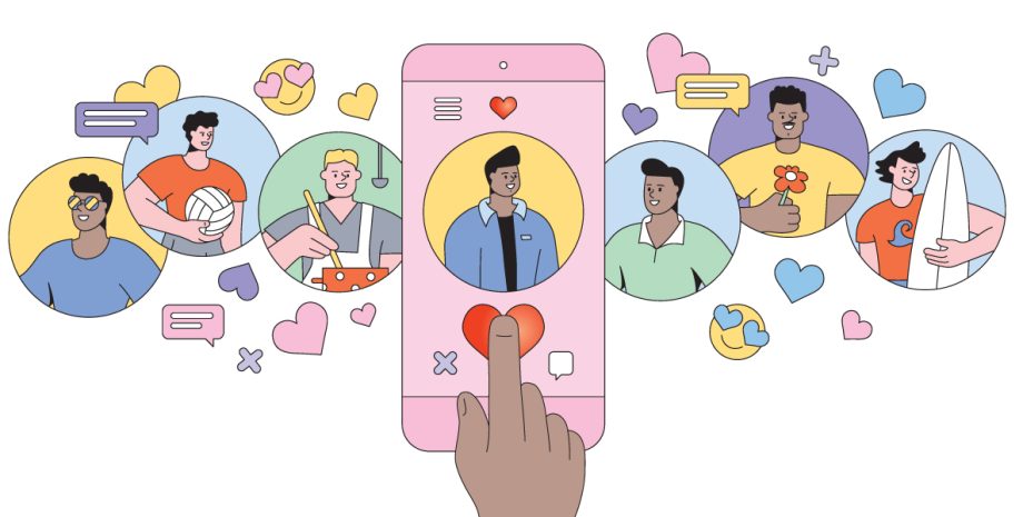 Illustrated picture of someone swiping left and right on dating apps.