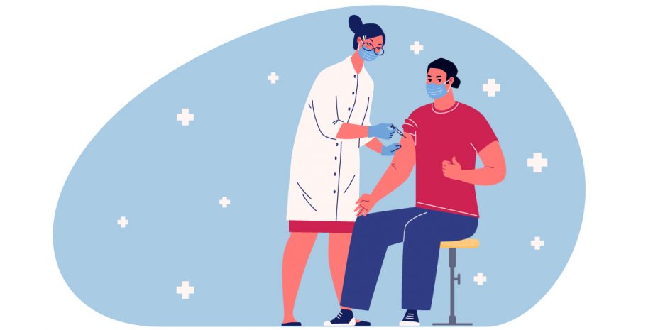 Illustration of a nurse in a white coat giving a seated person a shot in their arm.